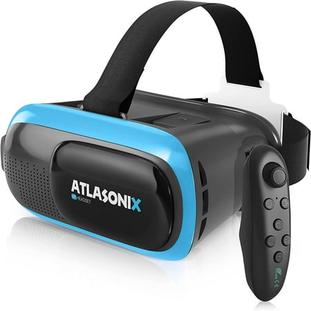 Atlasonix VR Headset with Remote Control | Virtual Reality Goggles for iPhone & Android | HD | 3D Glasses for Gaming and Movies | Comfortable and Adjustable VR Box | Blue