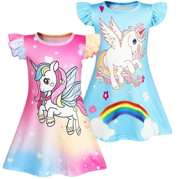 Jurebecia 2Pcs Girls Nightgowns Unicorn Sleepwear Night Sleep Dress Pajamas Little Kids Toddler Soft Nightgown Flutter Short Sleeves Nightdress 120 CM 5-6 Years