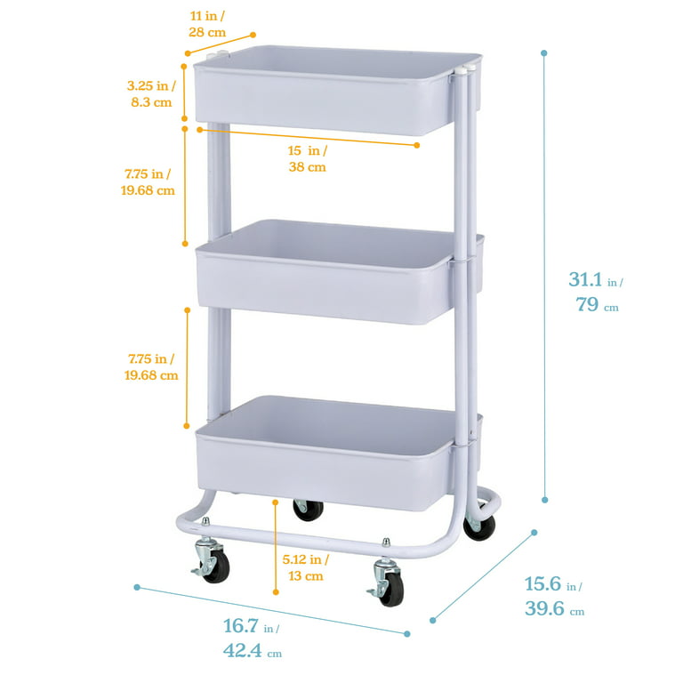 FUNKOL 3-Tier White Metal Rolling Storage Utility Cart with Wheels
