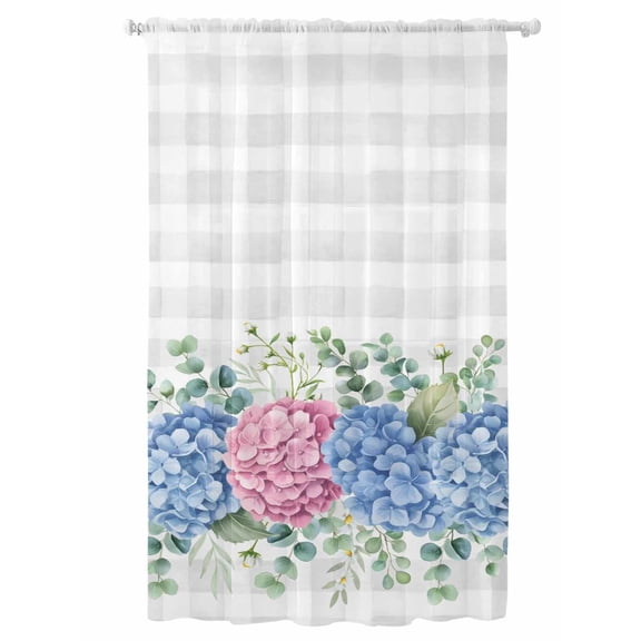Sheer Curtains 96 Inches Long, Blue Pink Hydrangea Semi Sheer Curtains Light Filtering Window Treatment, Eucalyptus Leaves Grey Plaid Privacy Voile Drapes for Living Room Bedroom 52x96 Inch