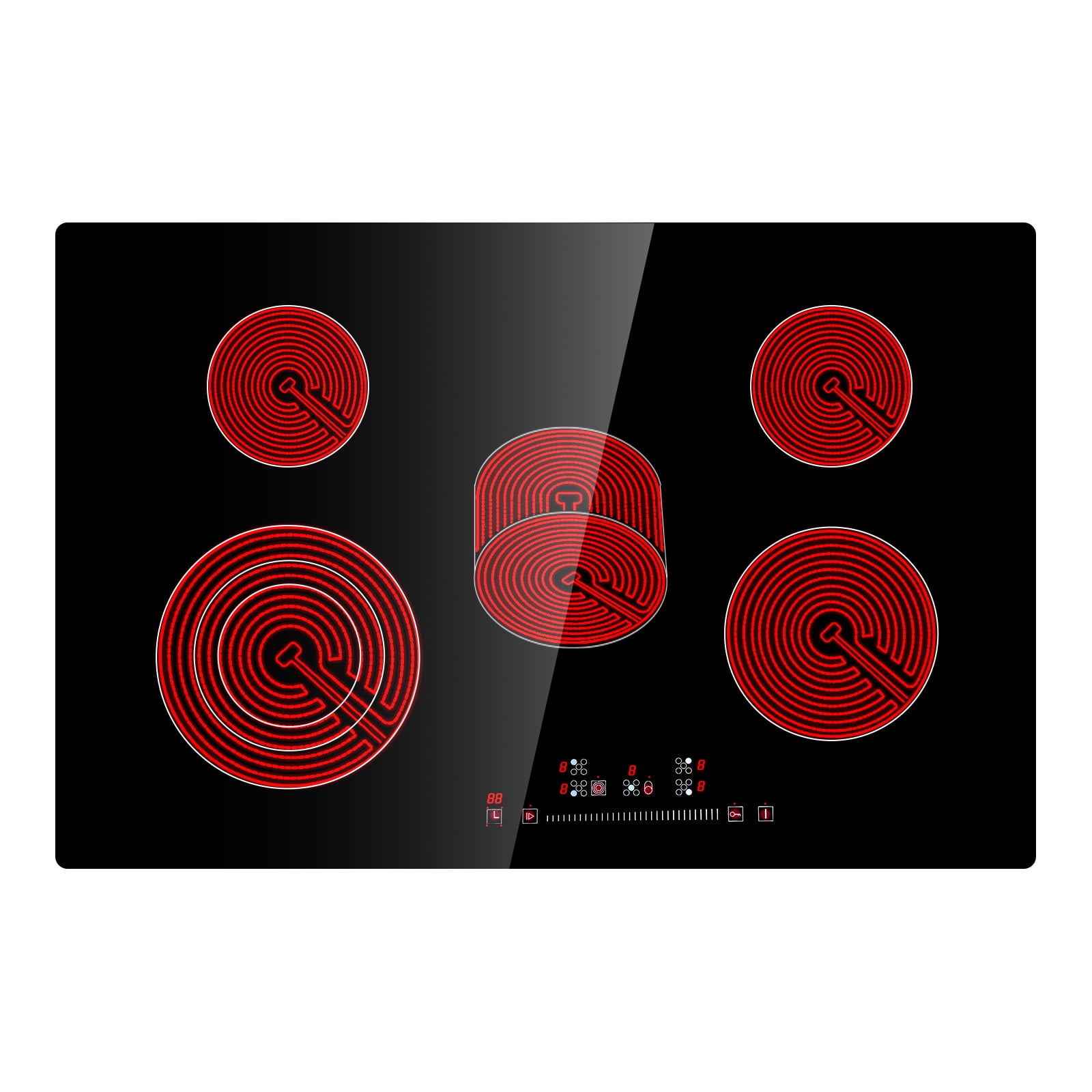 KFFKFF 8600W Electric Ceramic Cooktop, 30" 5 Burners Built-in Countertop Burners Cooker Touch Control, Overheat Protection, Child Lock, 9 Power Levels,220-240V (NO Plug)