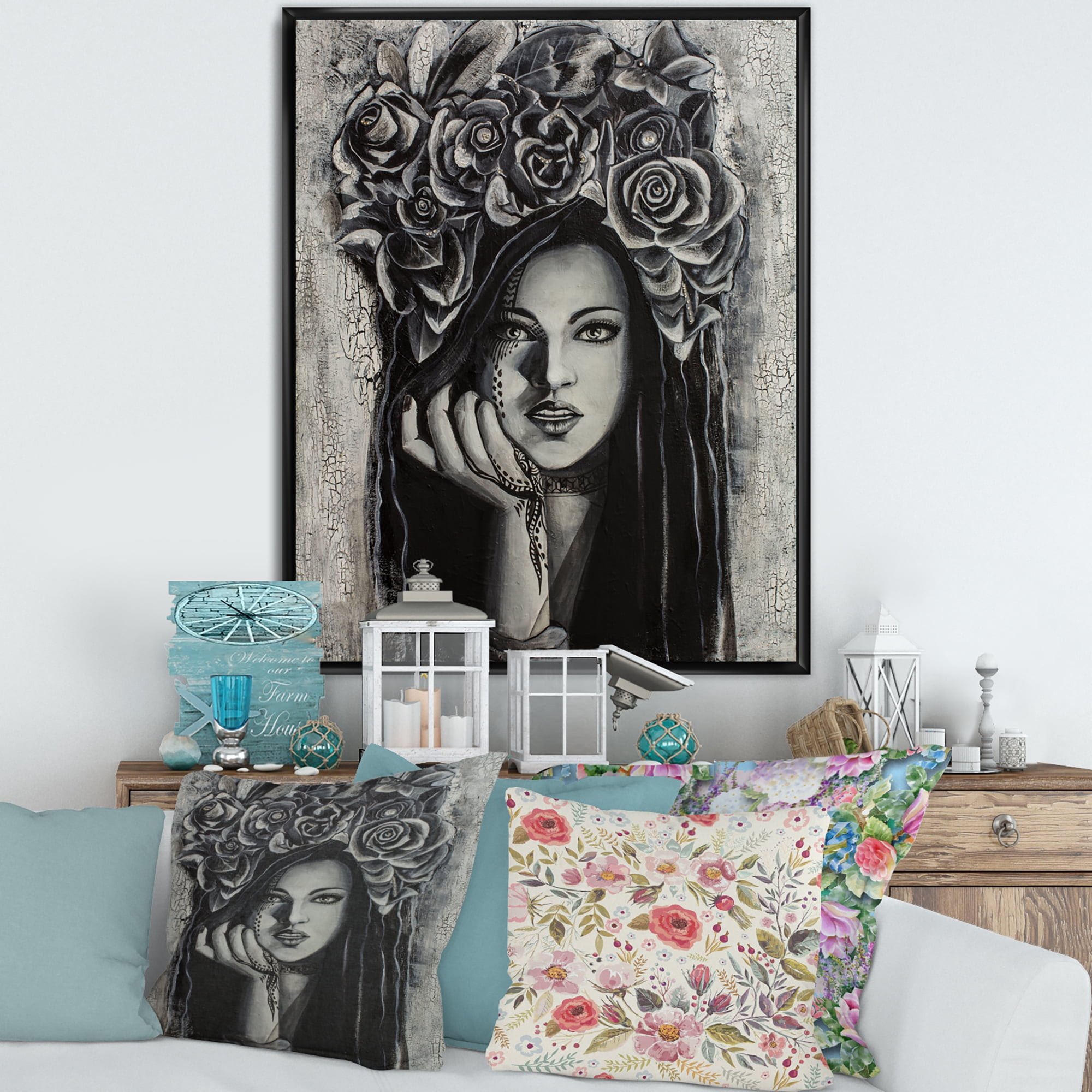 Designart 'Portrait Of A Young Woman With Flowers III' Modern Framed Canvas Wall Art Print