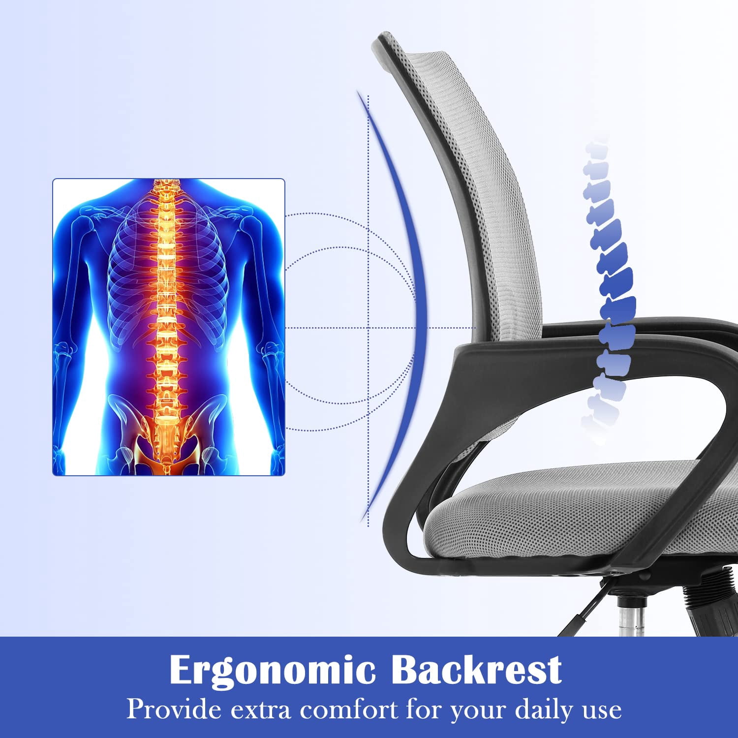 CL.HPAHKL Ergonomic Task Office Chair, Mesh Computer Chair with Lumbar Support Adjustable Mid Back Swivel Rolling Chair with Armrests, Ideal for Home Office & Study, Grey