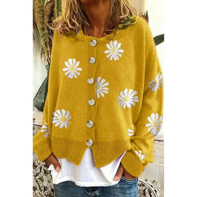 REDHOTYPE New Ladies Printed Sweater Small Autumn Chrysanthemum Embroidered Knit Long Sleeve Button Cardigan Jacket