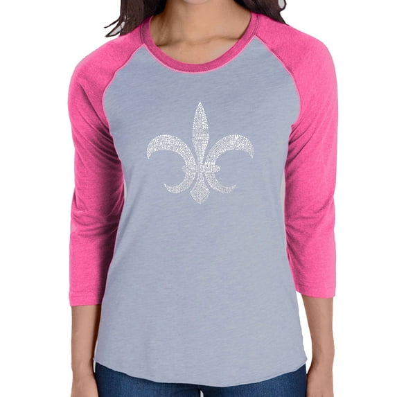LA Pop Art Women's Raglan Baseball Word Art T-shirt - FLEUR DE LIS - POPULAR LOUISIANA CITIES