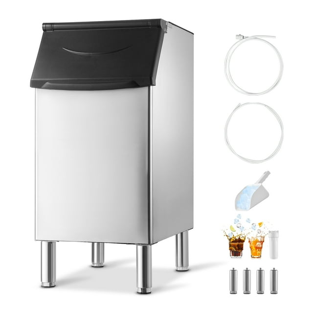 VEVOR Contenedor de Almacenamiento para Máquina de Hielo Capacidad de 136 kg Contenedor de Hielo de Acero Inoxidable con Filtro y Patas de Goma Antideslizantes para Restaurantes, Hoteles, Bares