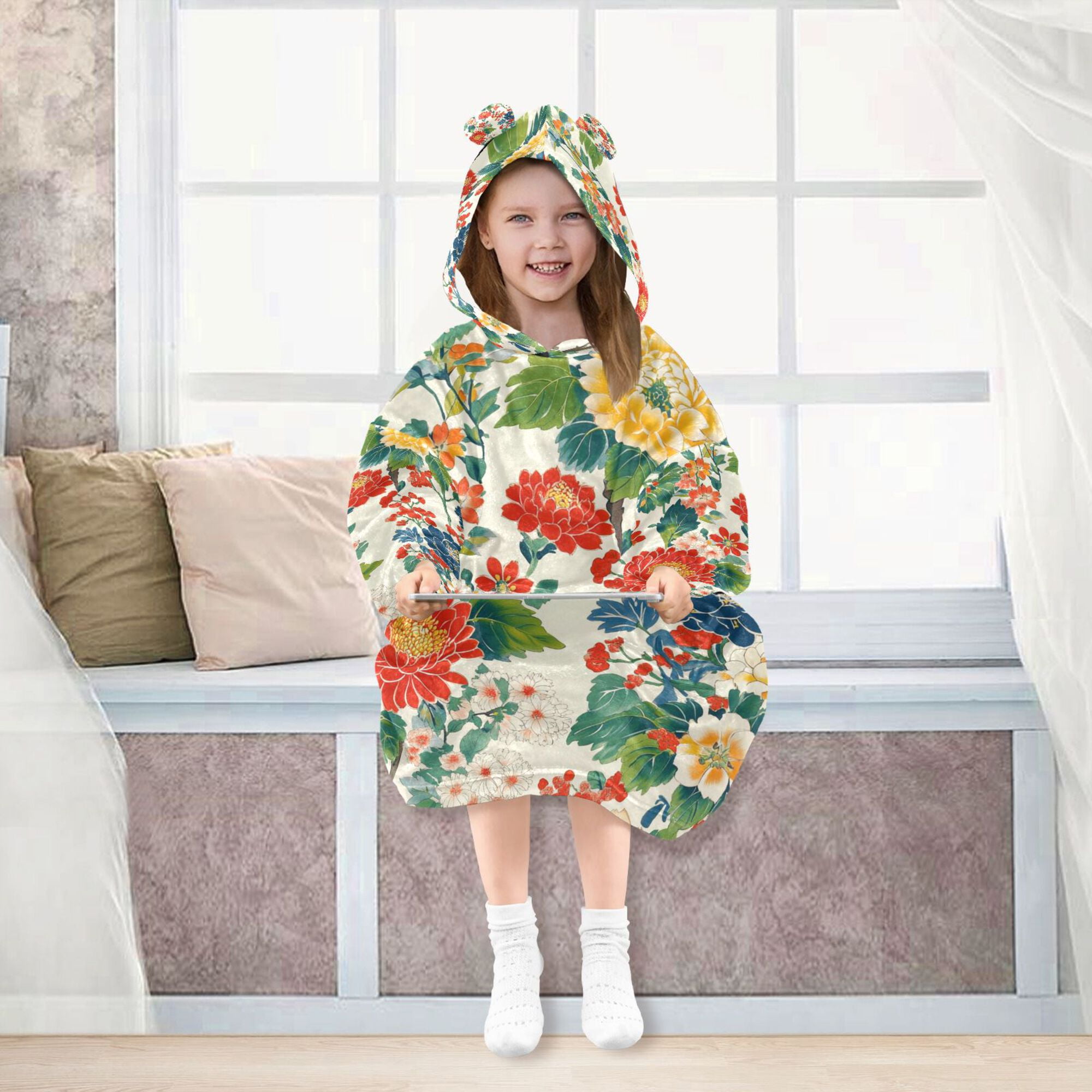 FORMRS Wearable Blanket Hoodie with Sleeves for Kids Cozy Flannel Sweatshirt, Colorful Flowers Pattern
