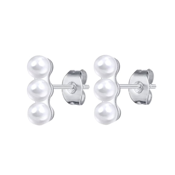 PAURO Women's Stainless Steel Simple Simulated Pearl Stud Earrings Piercing Earring with Butterfly Ear Clips