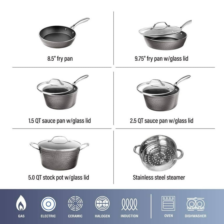 10-Piece Aluminum Hammered Ultra-Durable Non-Stick Diamond Infused Cookware Set in Pewter 10-Piece Aluminum Hammered Ultra-Durable Non-Stick Diamond Infused Cookware Set in Pewter
