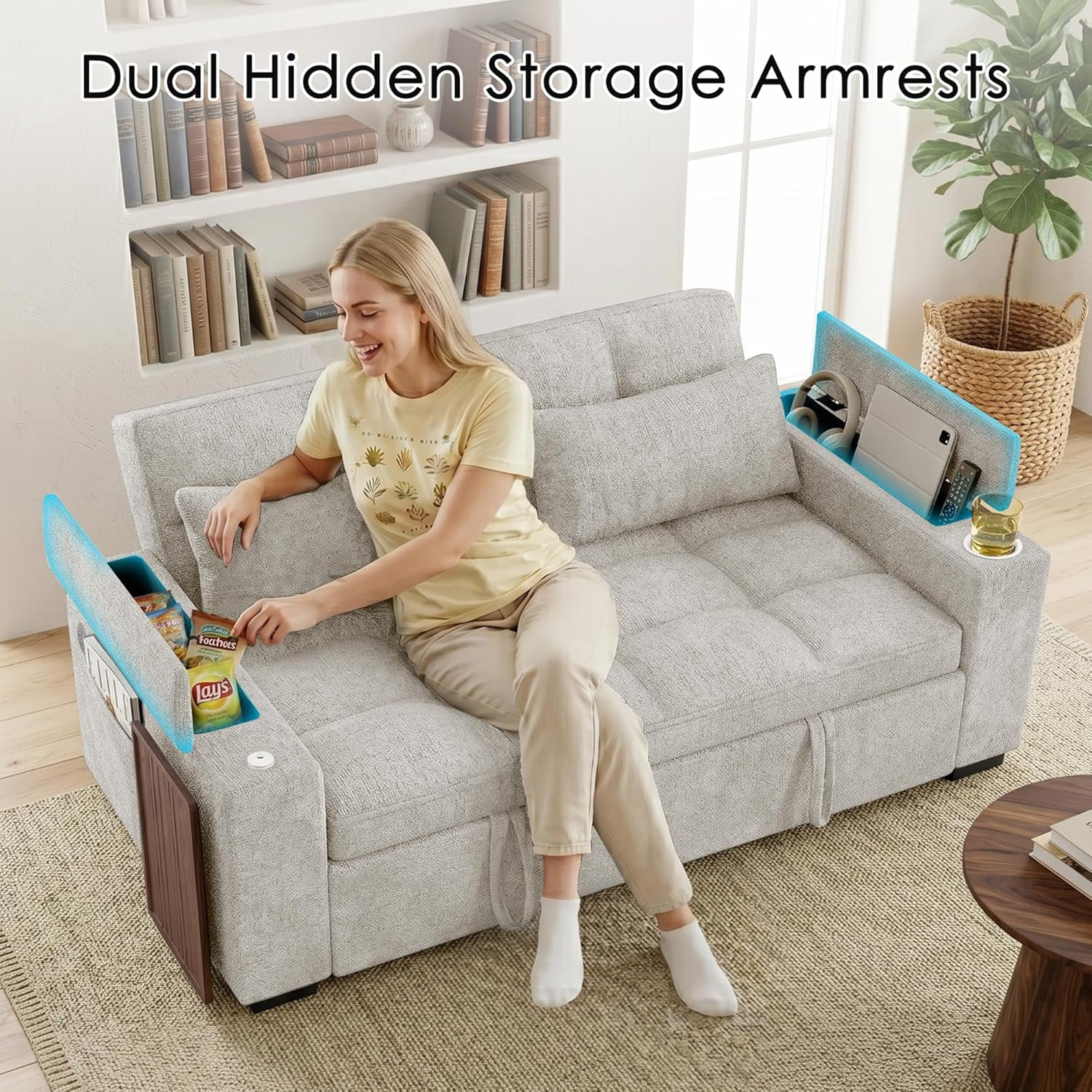 ShiKeyi 68.5'' 3-in-1 Velvet Convertible Sleeper Sofa, Pull Out Sofa Bed with Storage & Charging Port, Beige