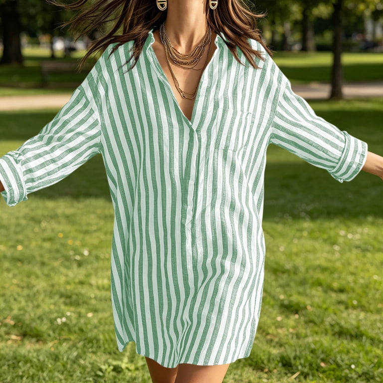 ladies striped shirt dress Eleanor Navy Stripe / 2XL Style it belted for definition or let it flow freely for relaxed spring weekends. Women Striped Shirt Dress 3/4