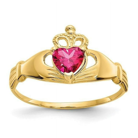 Finest Gold 14K CZ July Birthstone Claddagh Heart Ring, Size 7