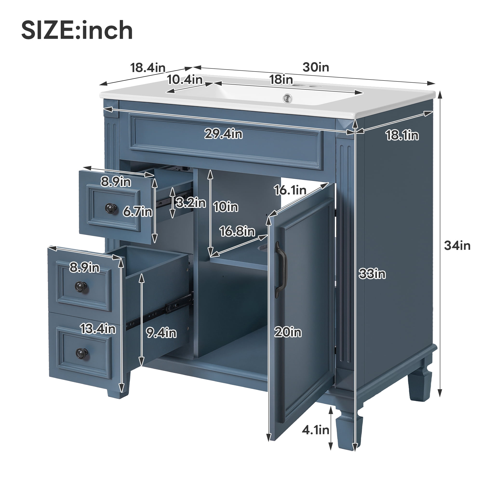 Euroco 30" Bathroom Vanity with Ceramic Sink, Small Bathroom Sink Cabinet, Modern Cabinet with 2 Drawers and Adjustable Shelf