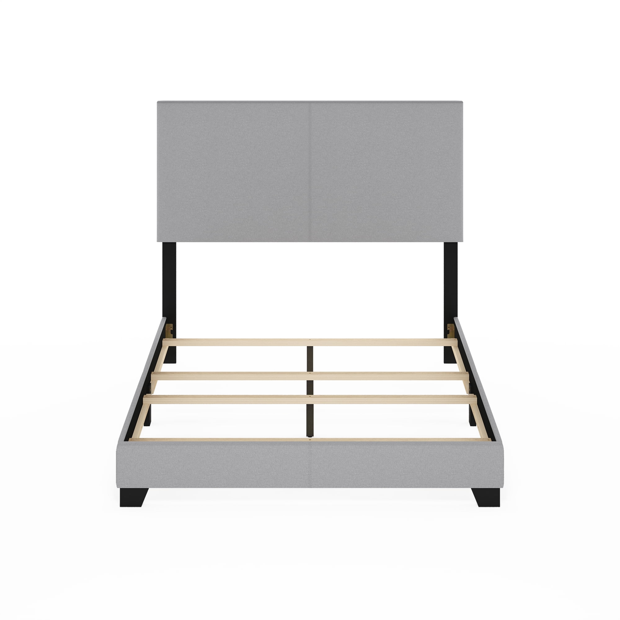 Furinno PESSAC Full Upholstered Bed Frame with Fabric Headboard and Wooden Slat Support, Light Grey