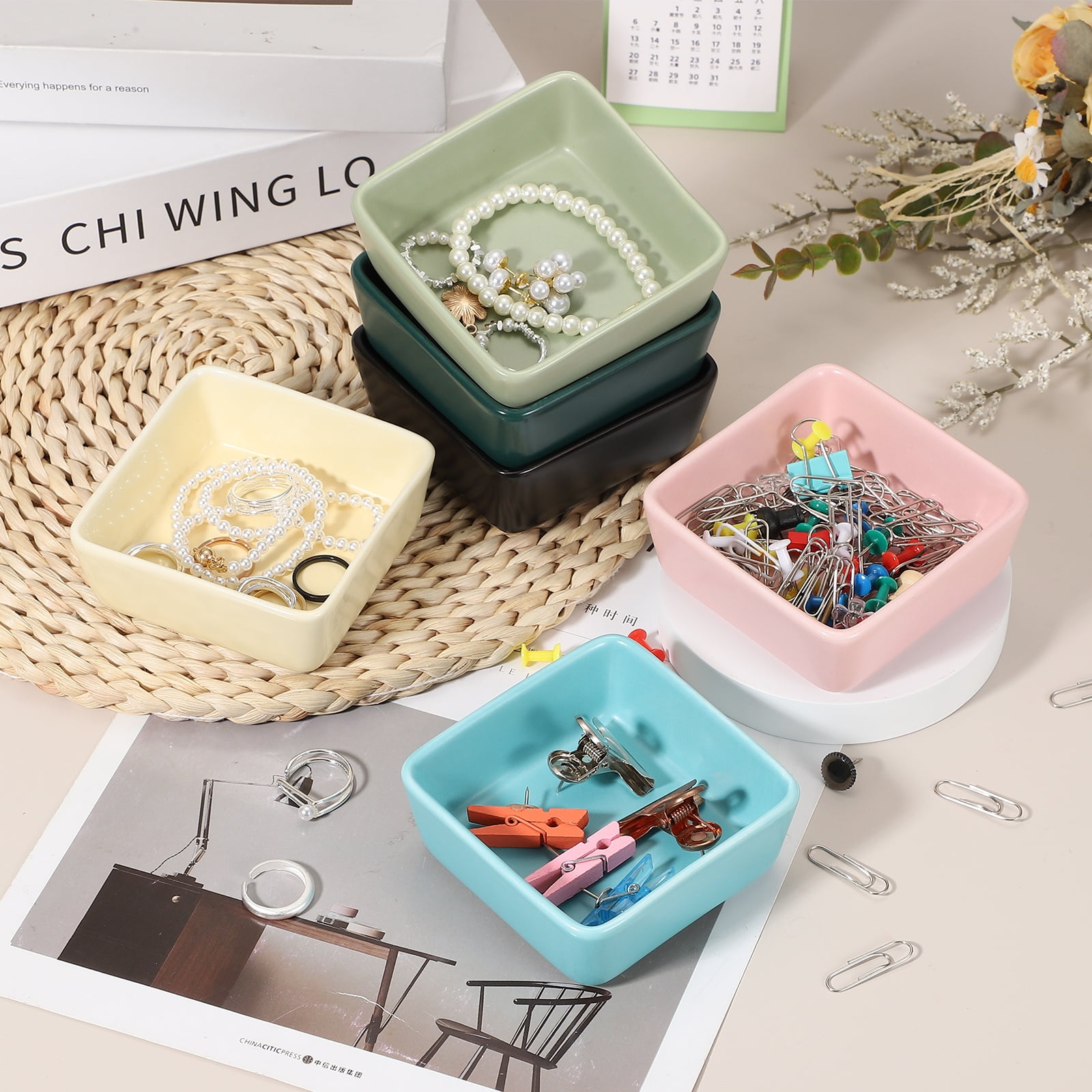 Uxcell Square Paper Clip Holders, 2 Pcs Ceramic Clip Dispenser Organizer Desk Organizer Accessories for Office Desktop Decor Bobby Pin Binder Paper Clamp, Dark Green