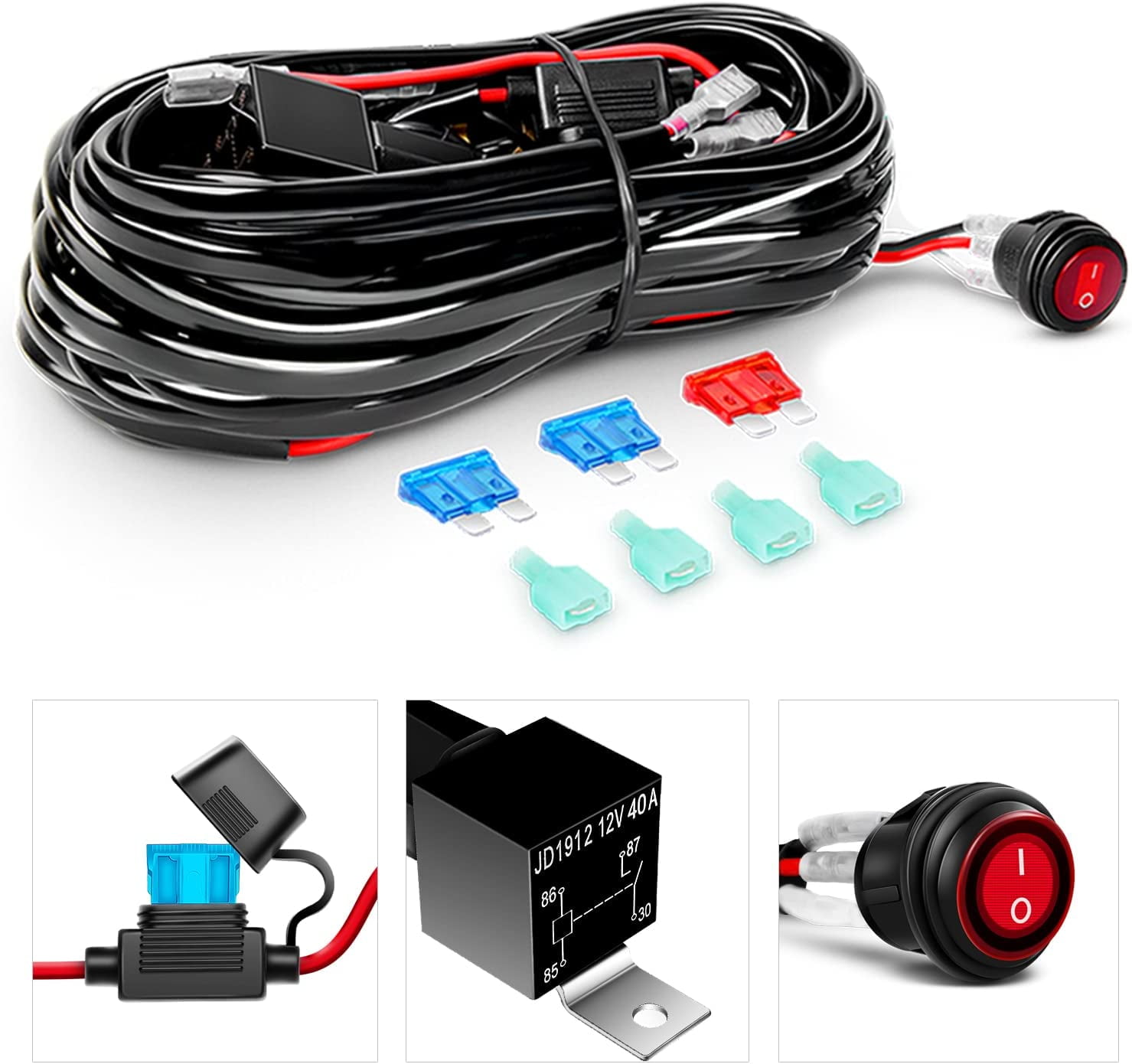 Waywe 2PCS 6.5 Inch 120W Triple Row LED Pods Fog Light Mounting Bracket Horizontal Bar Tube Clamp with 16AWG Off Road Wiring Harness for Truck Golf Cart SUV ATV UTV Boat