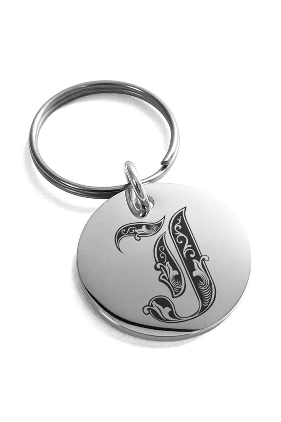 Stainless Steel Letter J Initial Royal Monogram Engraved Small Medallion Circle Charm Keychain Keyring