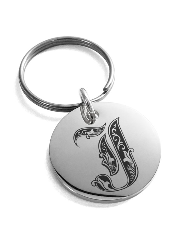 Stainless Steel Letter J Initial Royal Monogram Engraved Small Medallion Circle Charm Keychain Keyring