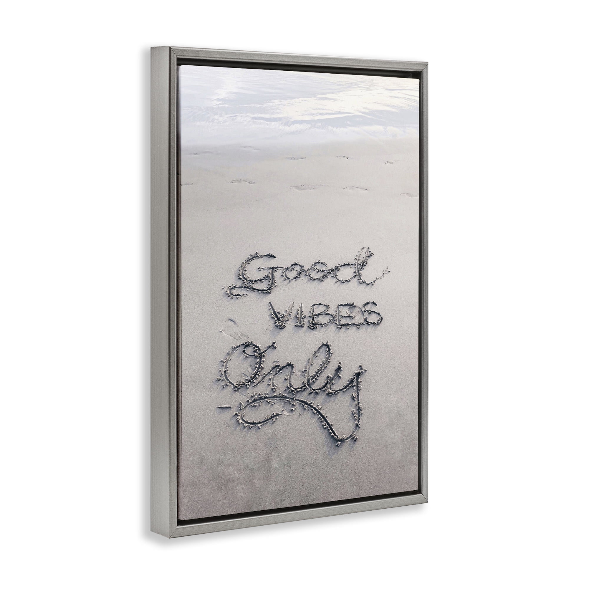 Stupell Industries Good Vibes Only in Sand Nautical & Beach Photography Gray Floater Framed Canvas Art Print Wall Art, 21 x 31