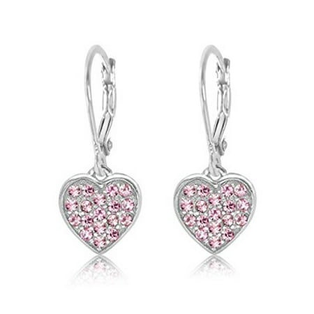 Childrens Sterling Silver Birthstone Earrings - Children's Earrings - 925 Sterling Silver with a White Gold Tone Classic Clear Heart Secure Leverback Earrings kids, children, girls, baby Made With Swarovski Elements