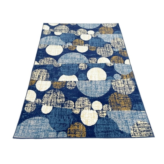 Navy Blue Beige Ivory Polka Dot Geometric Circles Modern Contemporary Area Rug
