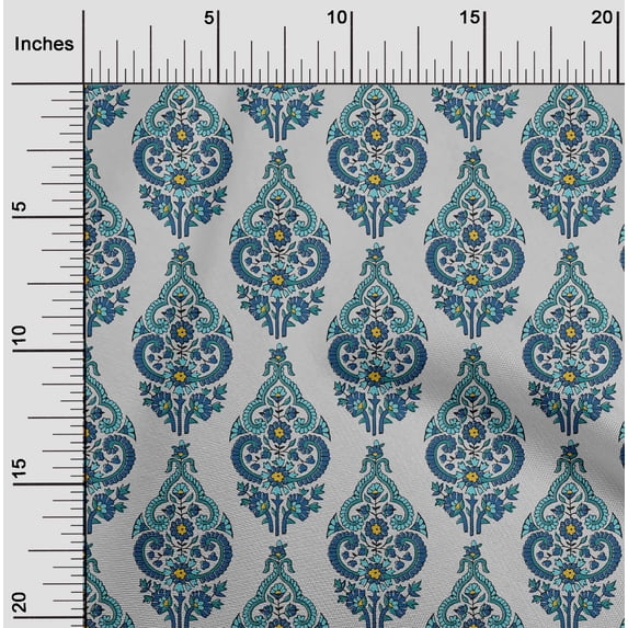 oneOone Cotton Jersey Light Gray Fabric Leaves & Floral Block Sewing Material Print Fabric By The Yard 58 Inches Wide