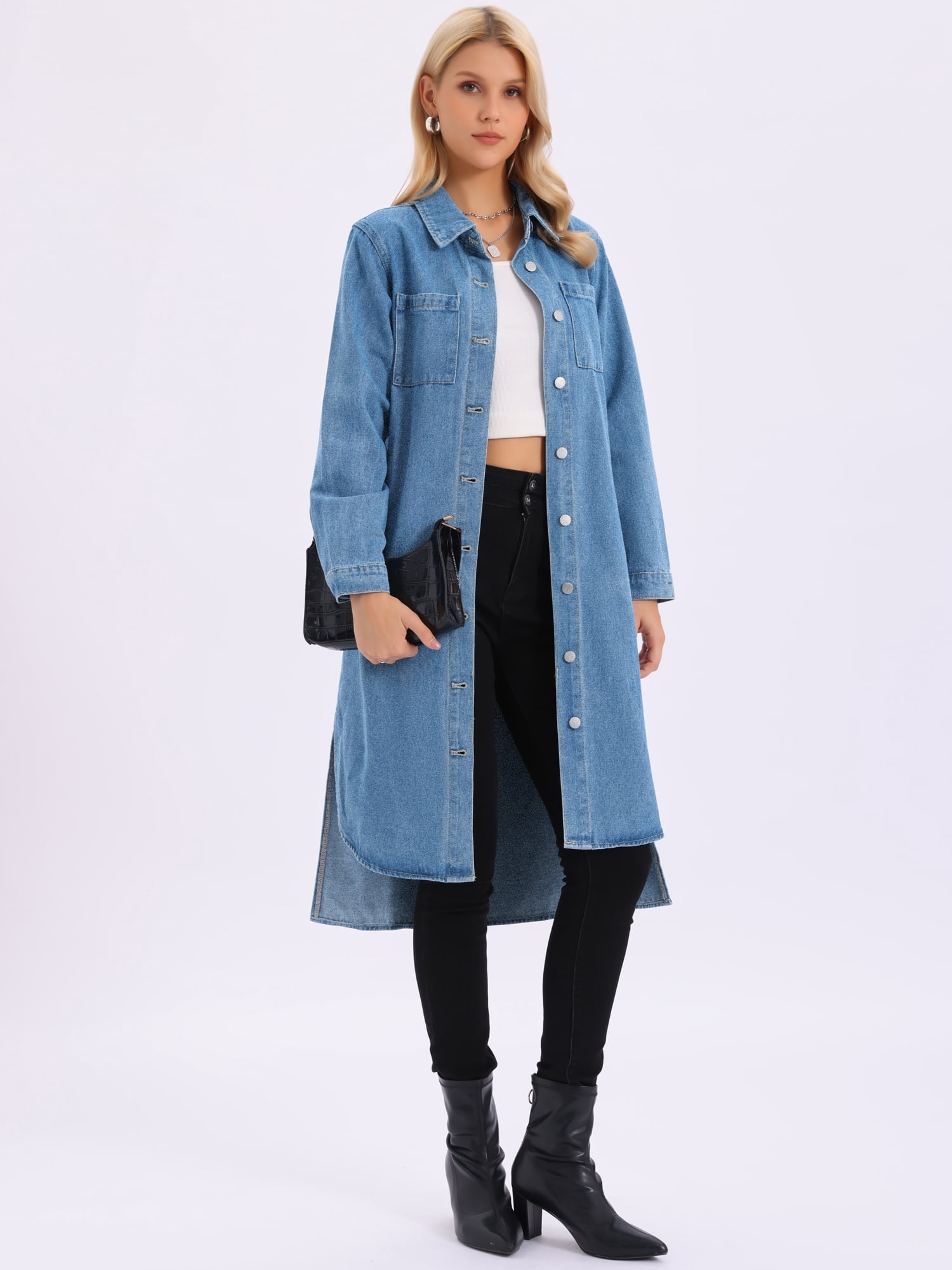 DARING DIVA Womens Fall Curved Hem Button Down Midi Denim Dress L Light Blue