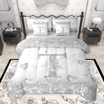 Manfei Bling Monogrammed T Twin Bedding Sets 7-Piece for Girl, Grey Fashion Watercolor Marble Bedding Comforter Set, Chic Sequin Print Reversible Sheet Sets, Microfiber Bedroom Decor