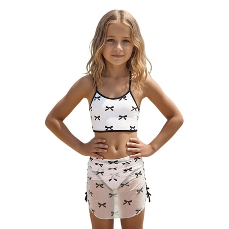 NAFUU Toddler And Little Girls Swimsuit Sets Two-Piece Prints Bkini Set With Bowknot And Mesh Skirt For Hot And Pool Season Plus Size Swimsuit For Girls Sizes 11-12 Years