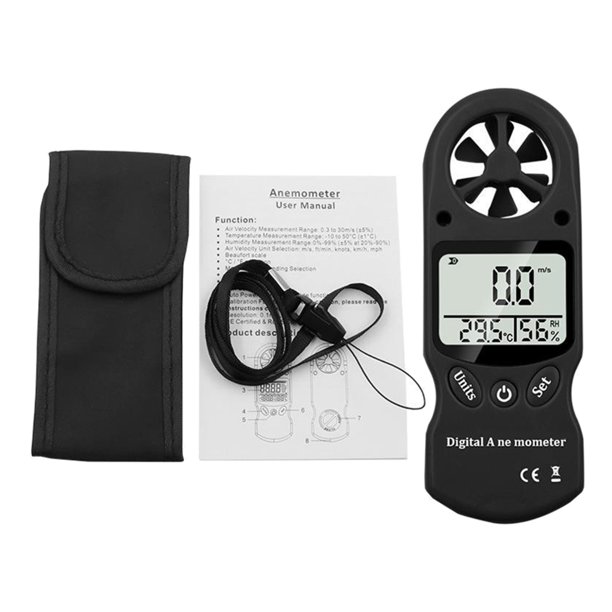 Anemómetro digital para exteriores Medidor de velocidad d Medidor de temperatura 14~122 ℉ Humidit Negro Zulema Anemómetro LCD digital