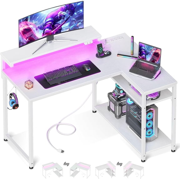 White L Shaped Gaming Desk with Power Outlet, Reversible Computer Desk with Height Adjustable Monitor Stand, Coner Desk 43inch with LED Lights, Home Office Desk