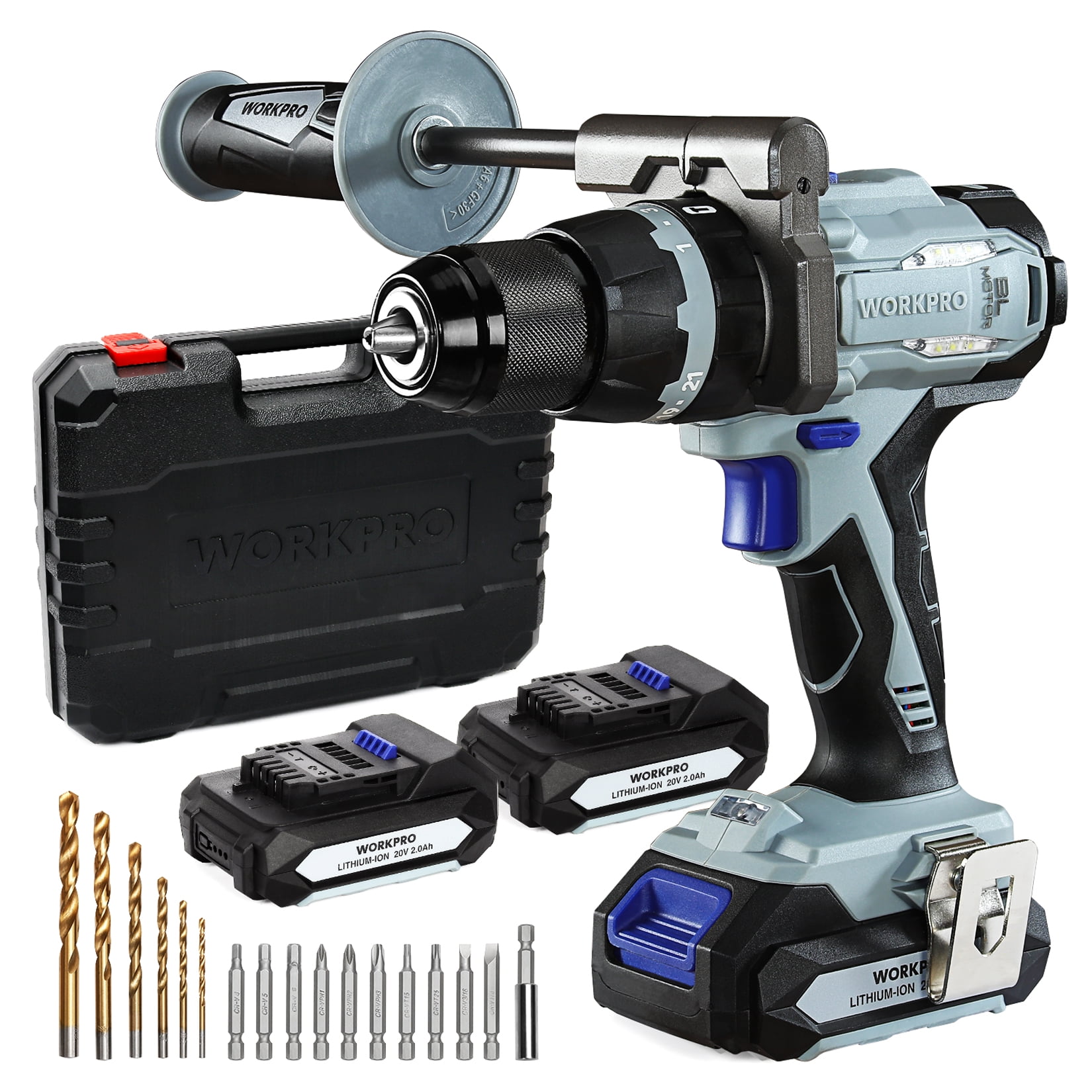 WORKPRO 20V Brushless Cordless Drill, with 2 Batteries(2.0 Ah) and Handle, 487 in-lbs 21+3 Torque Setting, 1/2” Chuck, Pieces Drill Driver Kit with Carrying Case Walmart.com