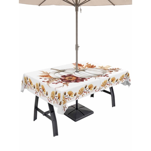 Outdoor Tablecloth with Umbrella Hole and Zipper, Grey Fall Rectangle Table Cloth 52x70 Inch Waterproof Tablecloth, Thanksgiving Maple Leaf Harvest Botanical Picnic Table Cover for Patio Camping
