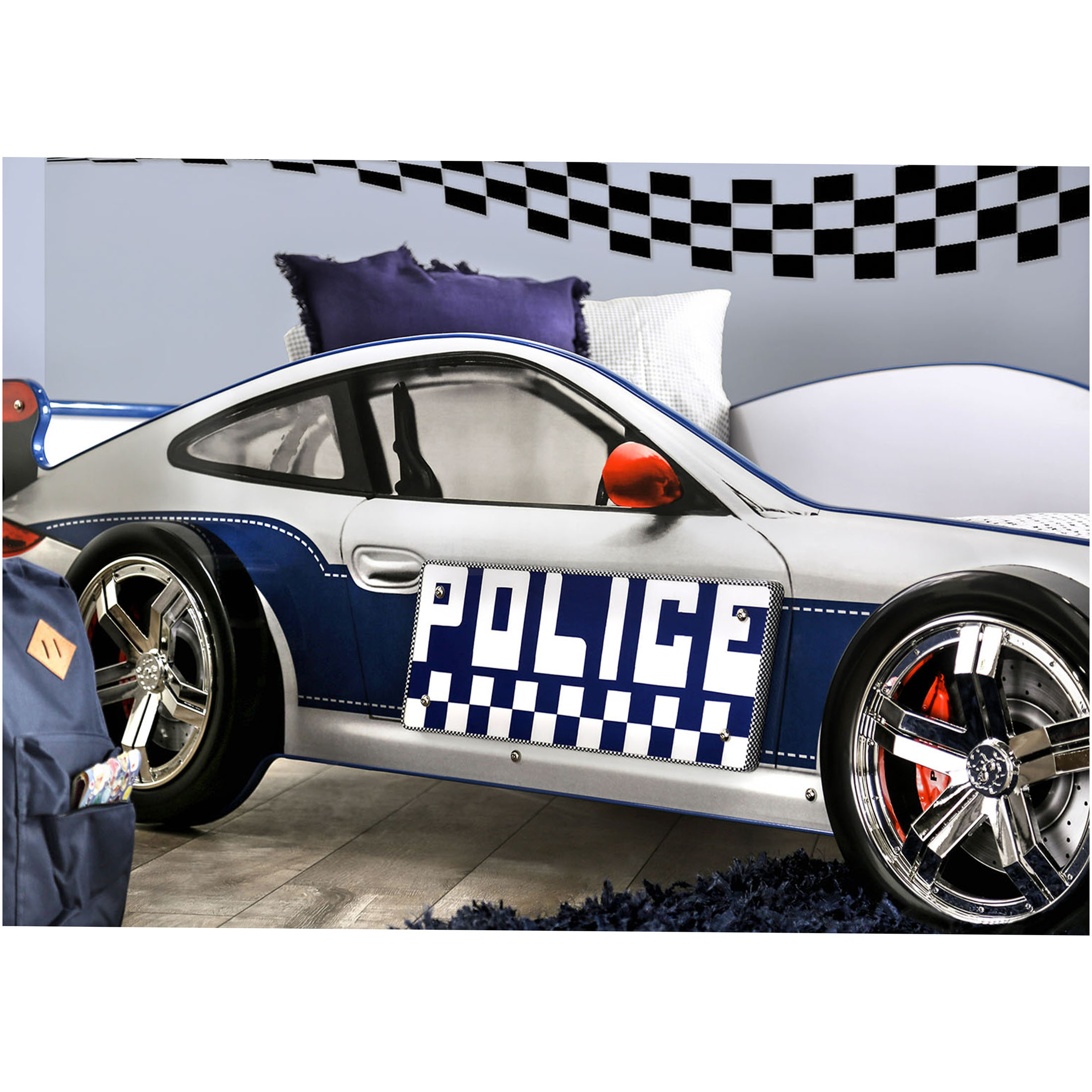 JERFIT Modern Police Car Twin Bed with LED Lights, High Gloss Finish Metal Frame Structure