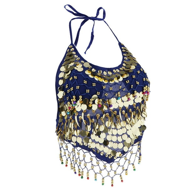 Sujetador de danza del vientre con purpurina tribal y borlas de lentejuelas y diamantes de imitación D azul real