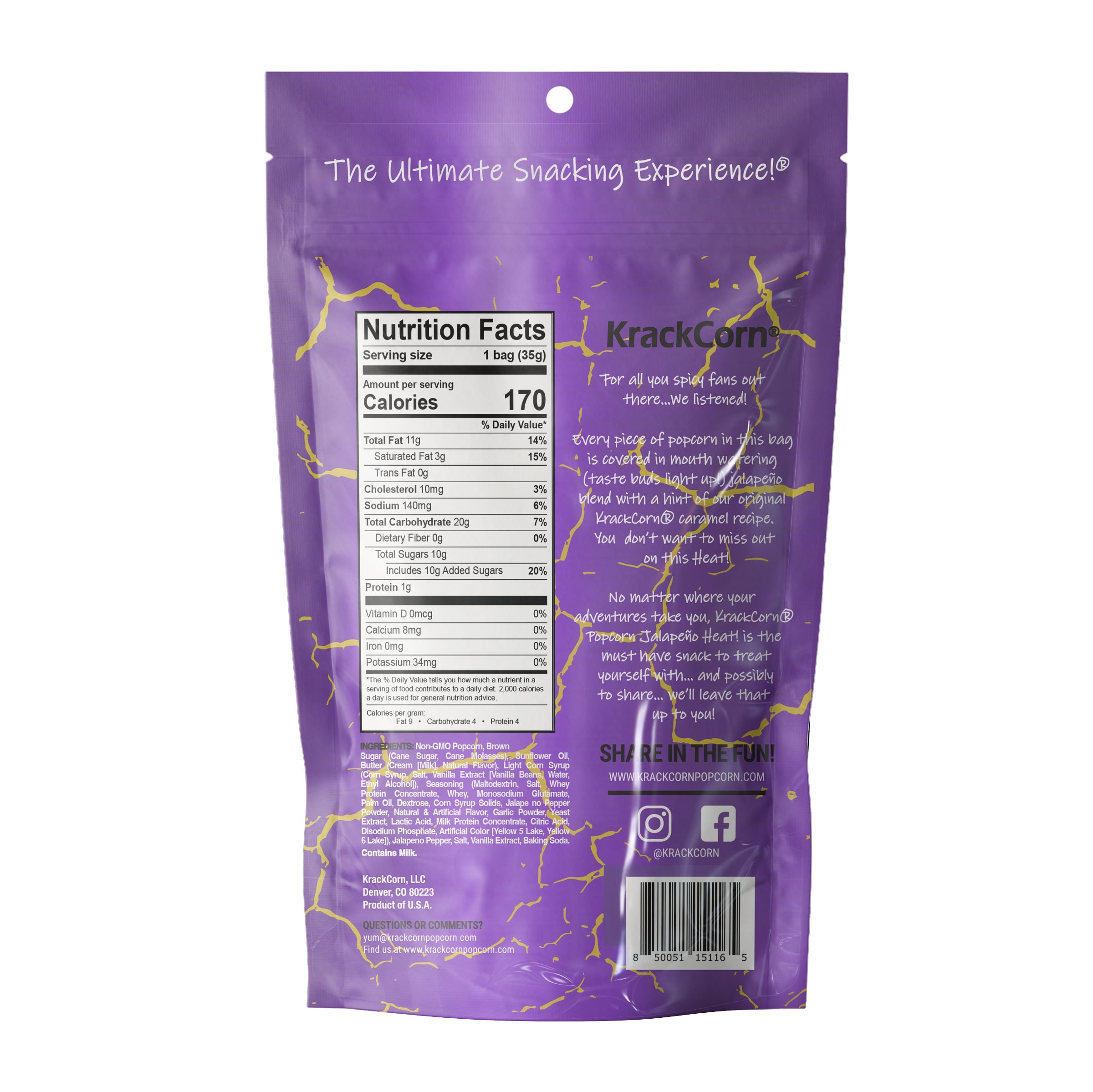 KrackCorn® Popcorn 1.25oz Jalapeno Heat Snack Size - 12 pack