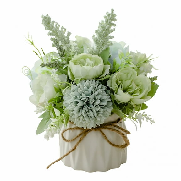 LAMIRO Fake Flowers in Vase,Small Artificial Silk Flowers with Vase,Faux Flower Arrangement for Home Office,Coffee Dining Table Centerpiece Decor(Tea Hydrangea,Green)