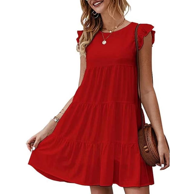 UKAP Robe T-Shirt Femme Robe d'Été Courte Mini Simple Boho Rouge 2TG