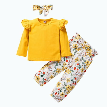 

Honeeladyy Winter Newborn Infant Baby Girl Long Sleeve Ruffle Solid Tops+Floral Bowknot Pants Set Yellow Sales