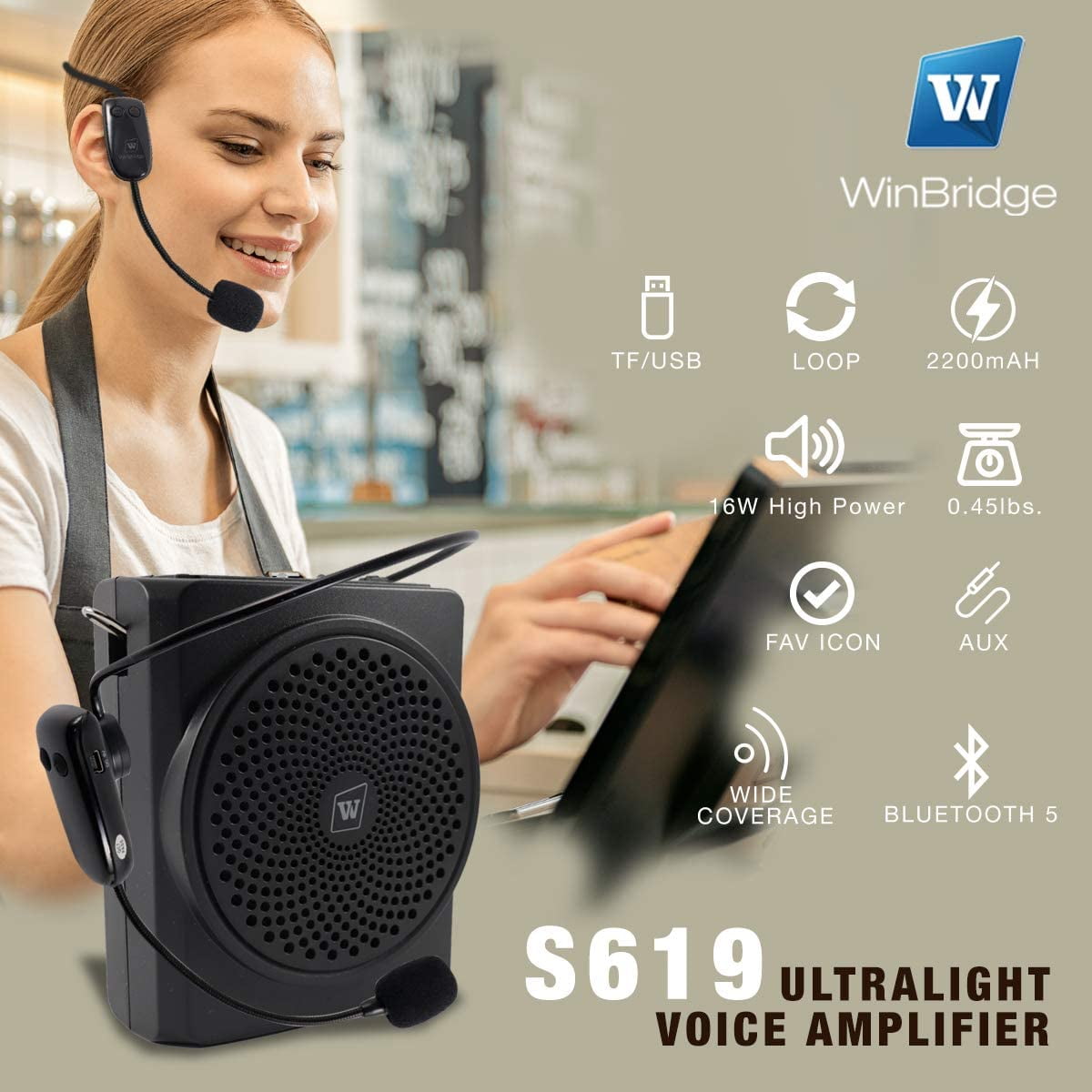 Tour Guides Elderly Etc S619 2020 New WinBridge Voice Amplifier with Wireless Microphone Headset Bluetooth 16W 2200mAh Portable Rechargeable Pa Speaker and Microphone for Teachers Coaches