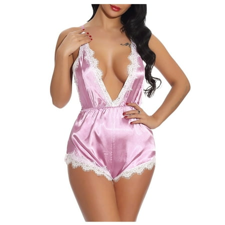

BIZIZA Women V Neck Chemise Babydoll Babydoll One Piece Teddy Sexy Lingerie Pink M