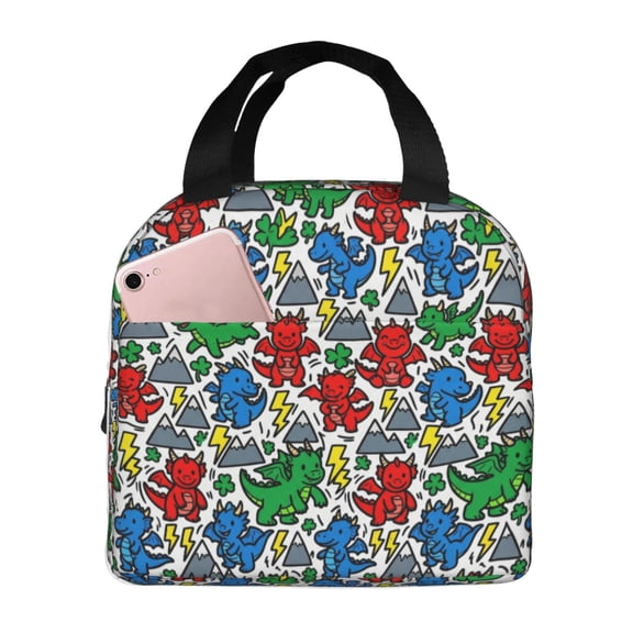 Dinosaurs Insulated Lunch Bag Cute Cartoon Pattern Reusable Cooler Tote with Front Pocket Handheld Portable Meal Prep Bag for Work Office Daily Picnic