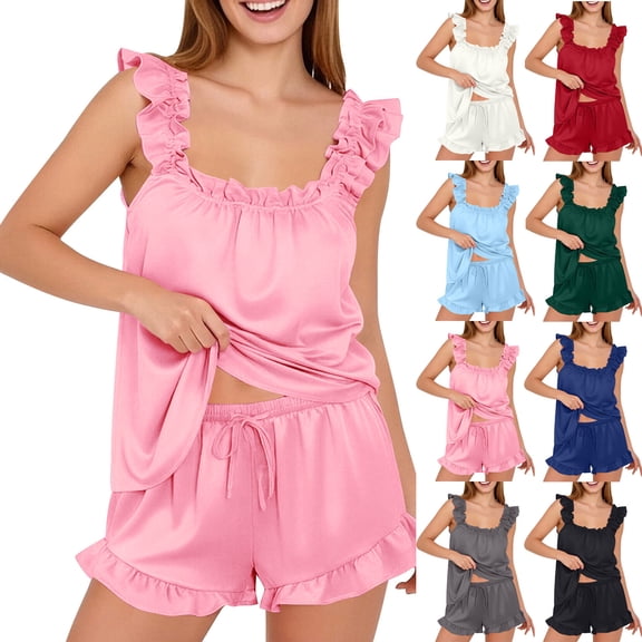Women Silk Satin Pajama Sets Soft Ruffle V Neck Tank Top and Shorts Casual 2 Piece Lounge Set Summer Loungewear Sleepwear