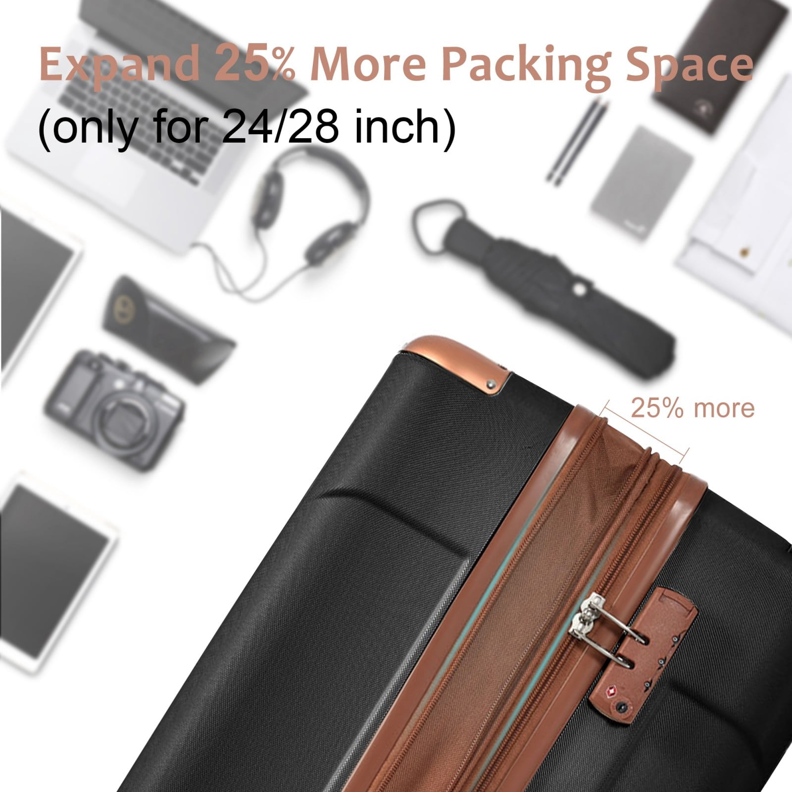 24 Inch Expandable Hardshell Luggage, Lightweight ABS Checked Suitcase with Double Spinner Wheels, 3-Level Telescopic Handle & TSA Lock