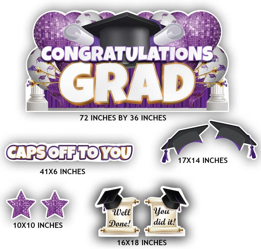 VictoryStore Oversized Purple Congratulations Grad, Caps Off To You EZ Yard Card Set, 8 Pieces