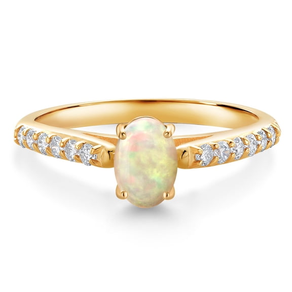 Gem Stone King 10K Yellow Gold White Ethiopian Opal and White Lab Grown Diamond Engagement Ring for Women (0.69 Cttw, Oval Cabochon 7X5MM, Gemstone Birthstone, Size 8)