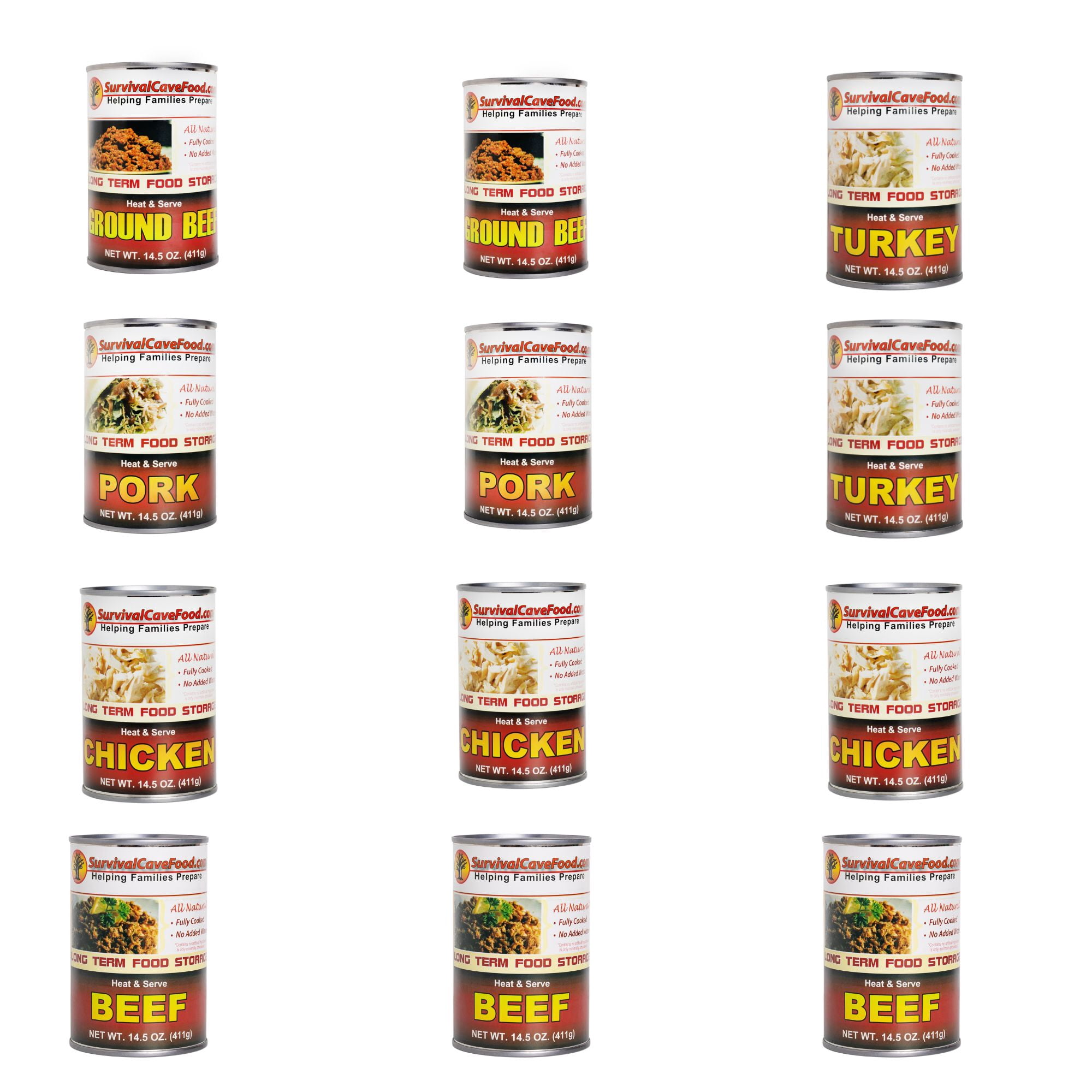 Survival Cave - Mixed (Beef, Chicken, Turkey, Pork, Ground Beef) Case 14.5 oz- 12 Cans, Delicious Ready to Eat Canned Meat Combo