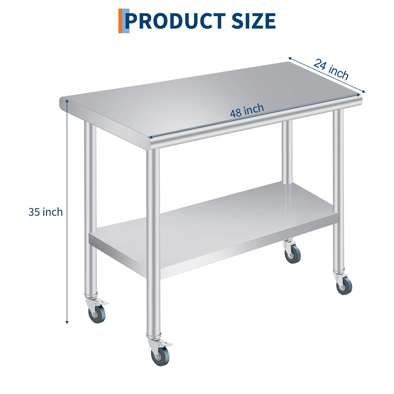 Commercial Grade Stainless Steel Outdoor Prep Table with Backsplash – Adjustable Undershelf, Caster Wheels – Heavy Duty Kitchen Storage Work Table for Patio, Restaurant – 24 x 48 Inch
