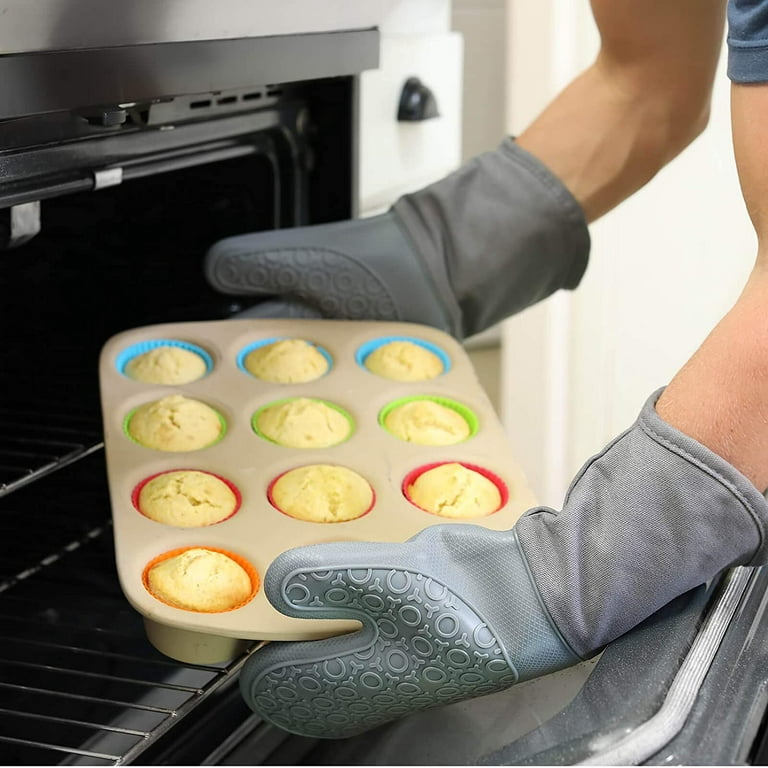 ARCLIBER Oven Mitts 1 Pair of Quilted Lining - Heat Resistant Kitchen Gloves,Flame Oven Mitt Set,Grey