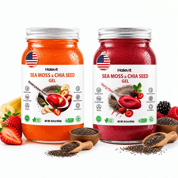 Halevit | Irish Sea Moss Gel | Sea Moss, Chia Seeds, Berry, Strawberry - Banana | Pack Of 2 Jars | Made In USA